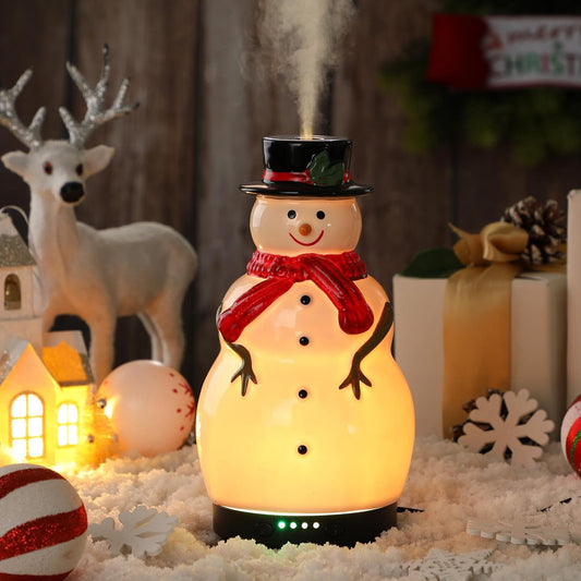 Christmas Essential Oil Diffuser 120Ml Ceramic Snowman Aromatherapy Humidifier, Holiday Diffuser Gift, Xmas Stocking Stuffer, Cute Tabletop Christmas Decoration for Home Office Winter